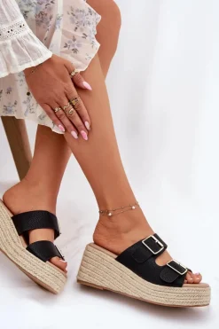 Damskie Boto Klapki Damskie Na Koturnie Z Plecionką I Klamrami Czarne Pasinea