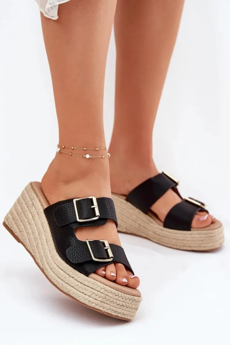 Damskie Boto Klapki Damskie Na Koturnie Z Plecionką I Klamrami Czarne Pasinea