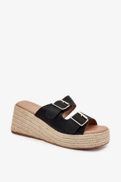 Damskie Boto Klapki Damskie Na Koturnie Z Plecionką I Klamrami Czarne Pasinea