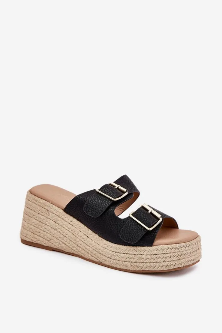 Damskie Boto Klapki Damskie Na Koturnie Z Plecionką I Klamrami Czarne Pasinea