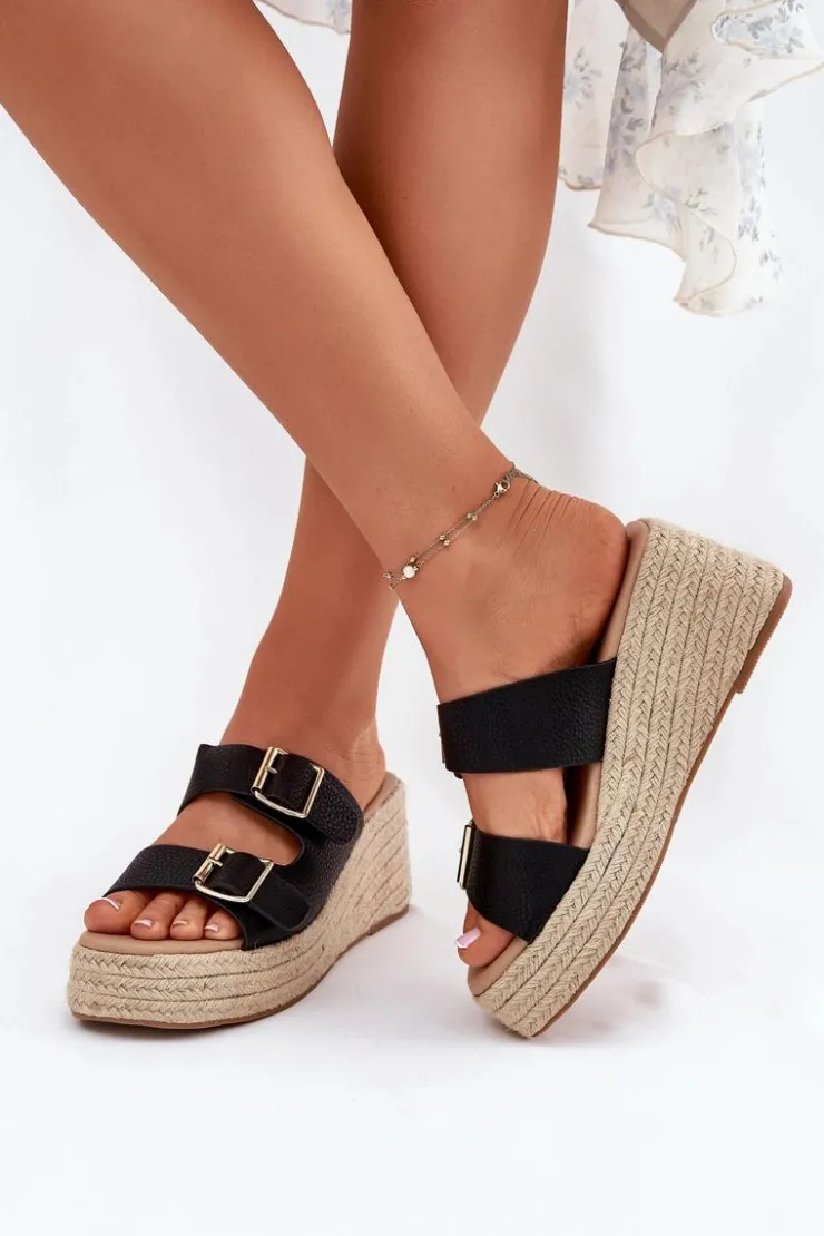 Damskie Boto Klapki Damskie Na Koturnie Z Plecionką I Klamrami Czarne Pasinea