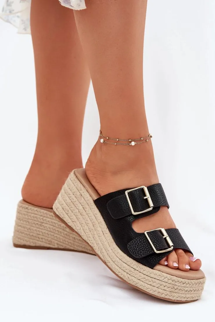 Damskie Boto Klapki Damskie Na Koturnie Z Plecionką I Klamrami Czarne Pasinea