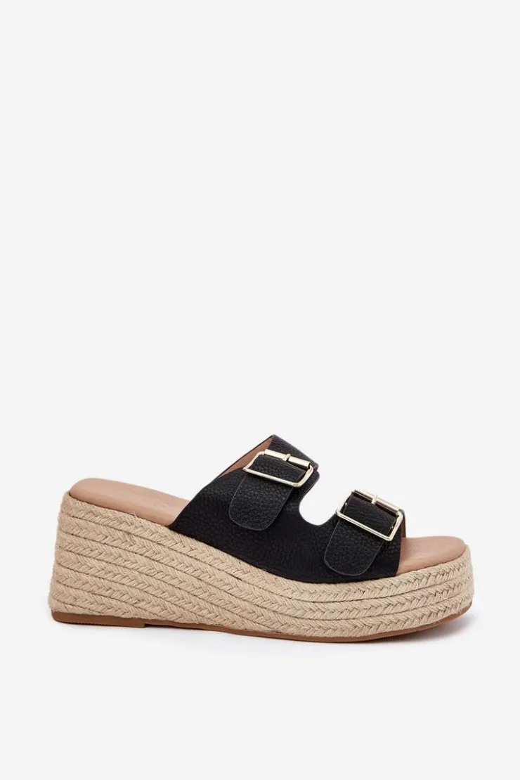 Damskie Boto Klapki Damskie Na Koturnie Z Plecionką I Klamrami Czarne Pasinea