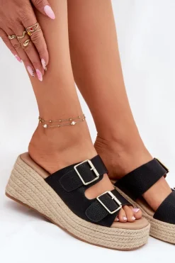 Damskie Boto Klapki Damskie Na Koturnie Z Plecionką I Klamrami Czarne Pasinea