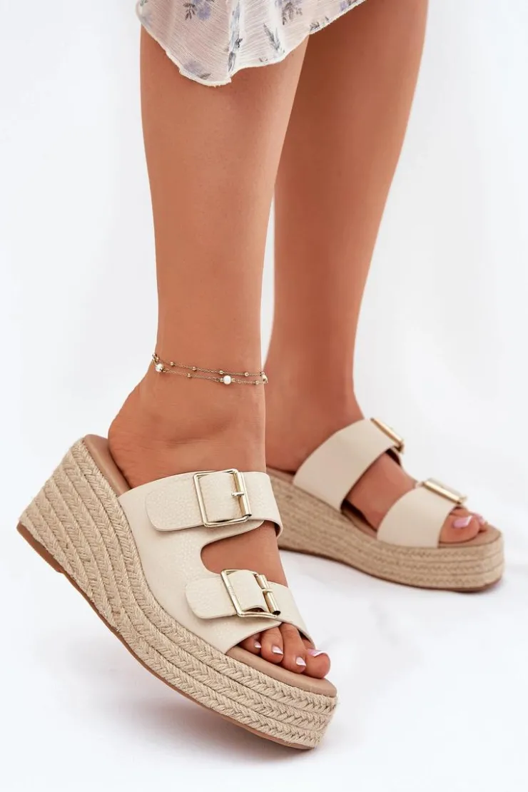 Damskie Boto Klapki Damskie Na Koturnie Z Plecionką I Klamrami Beżowe Pasinea