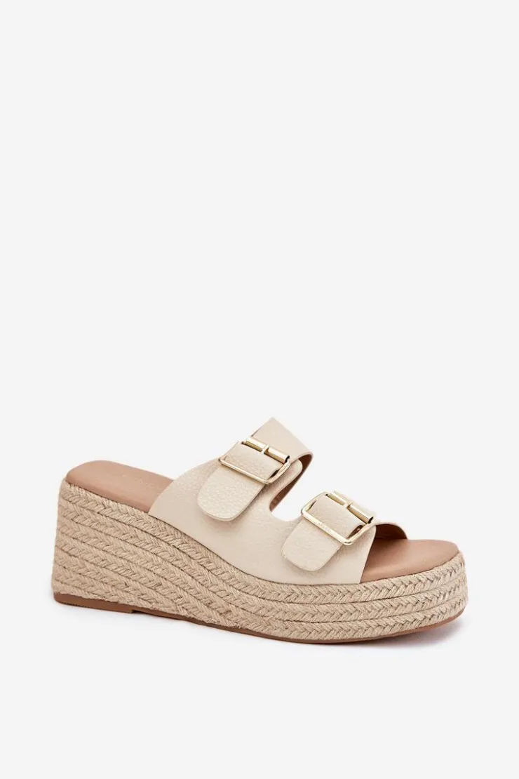 Damskie Boto Klapki Damskie Na Koturnie Z Plecionką I Klamrami Beżowe Pasinea