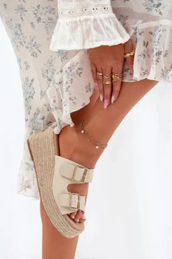 Damskie Boto Klapki Damskie Na Koturnie Z Plecionką I Klamrami Beżowe Pasinea