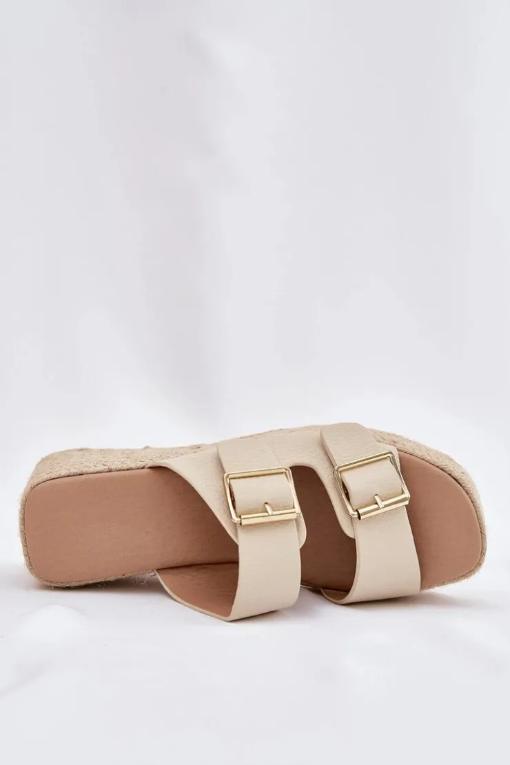 Damskie Boto Klapki Damskie Na Koturnie Z Plecionką I Klamrami Beżowe Pasinea