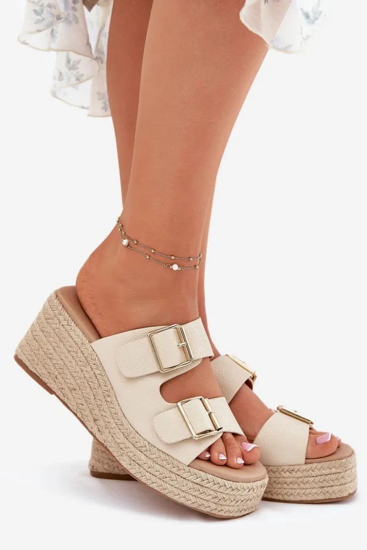 Damskie Boto Klapki Damskie Na Koturnie Z Plecionką I Klamrami Beżowe Pasinea