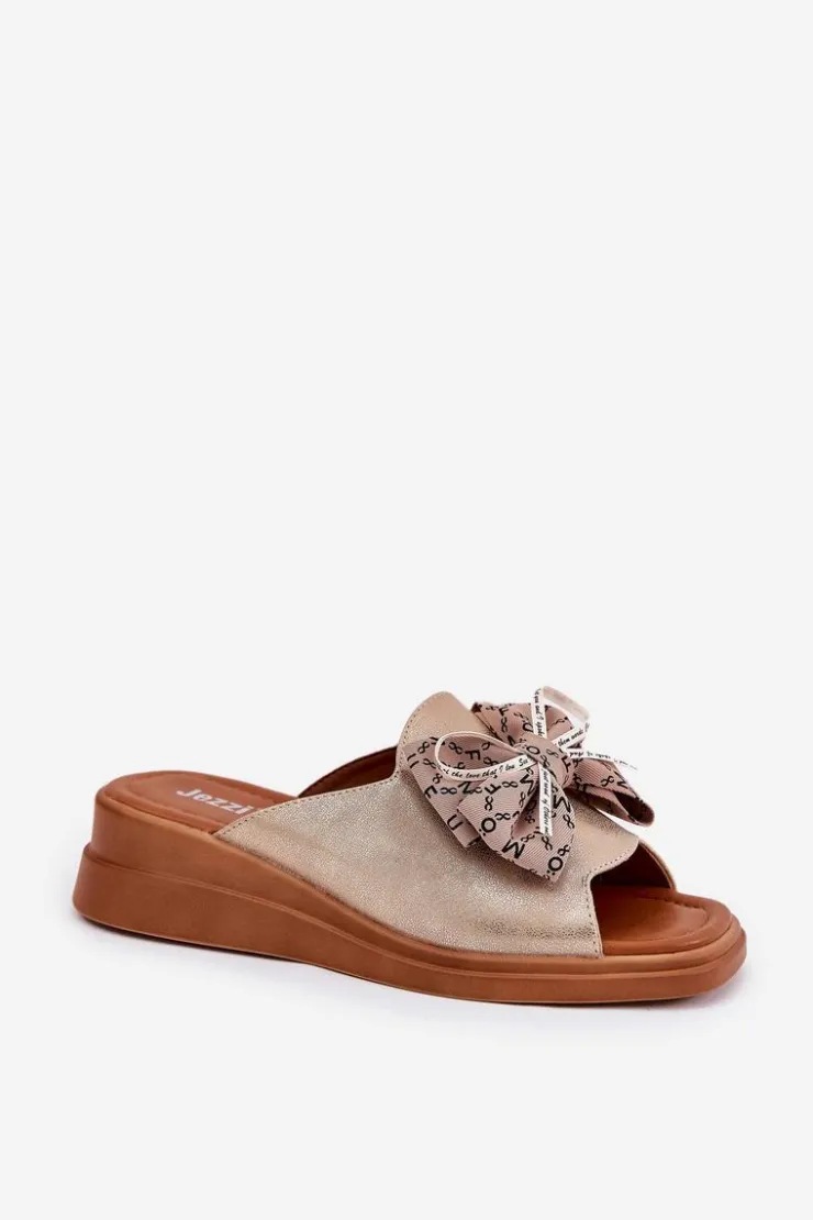 Boto Klapki Na Koturnie|Klapki Na Platformie*Klapki Damskie Na Koturnie Z Kokardą Złote Moonzella Złoty