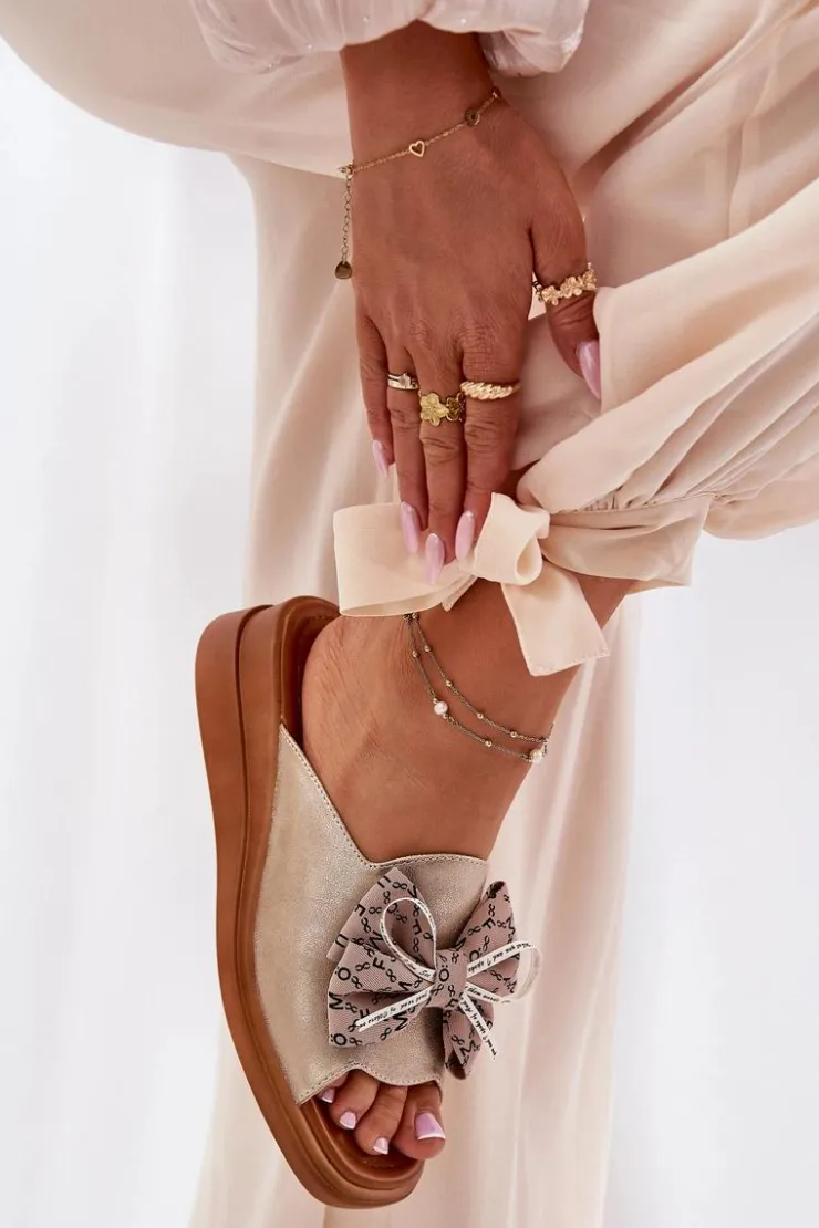 Boto Klapki Na Koturnie|Klapki Na Platformie*Klapki Damskie Na Koturnie Z Kokardą Złote Moonzella Złoty