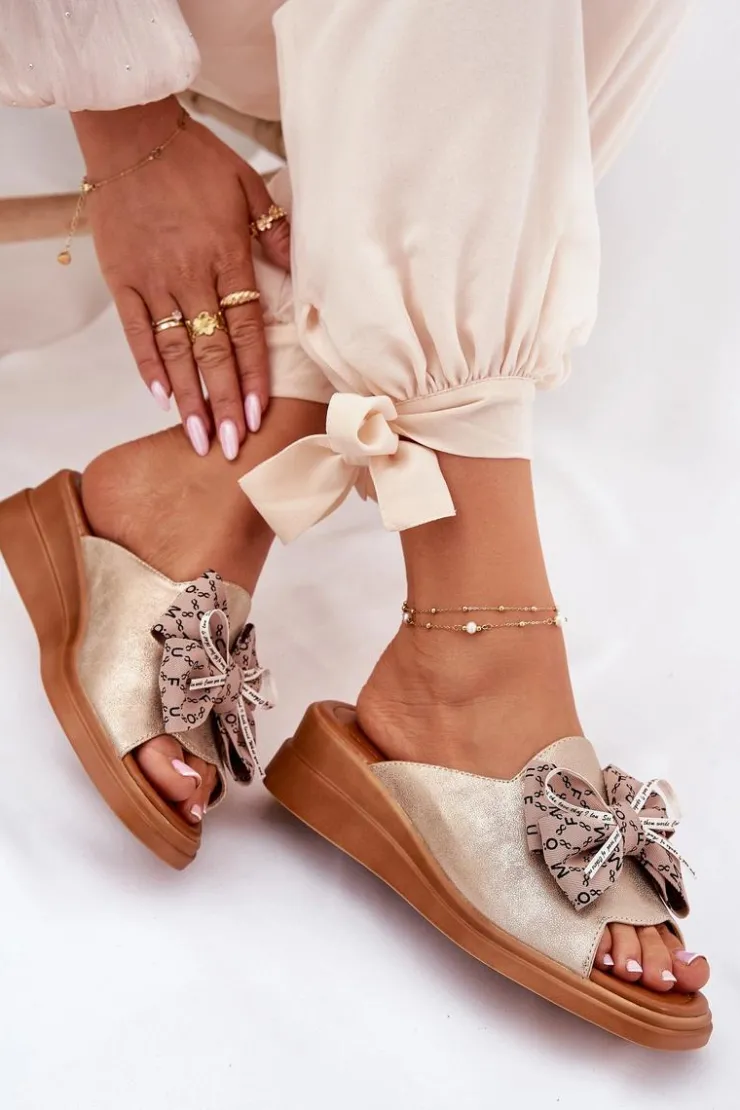 Boto Klapki Na Koturnie|Klapki Na Platformie*Klapki Damskie Na Koturnie Z Kokardą Złote Moonzella Złoty
