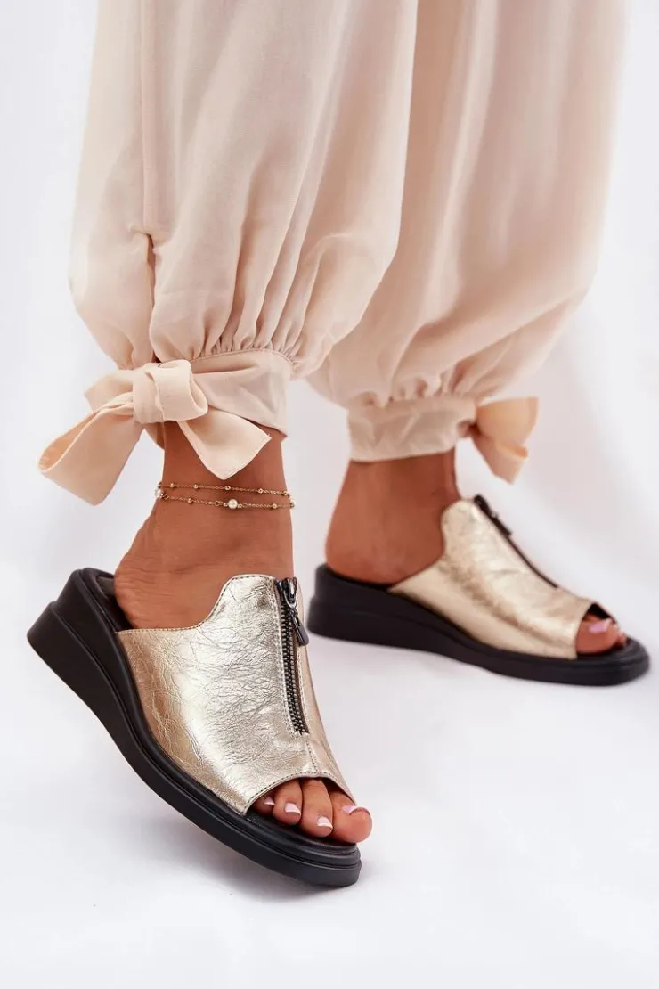 Hot Boto Klapki Damskie Na Koturnie Z Zamkiem Złote Irriva Złoty