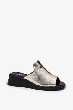 Hot Boto Klapki Damskie Na Koturnie Z Zamkiem Złote Irriva Złoty