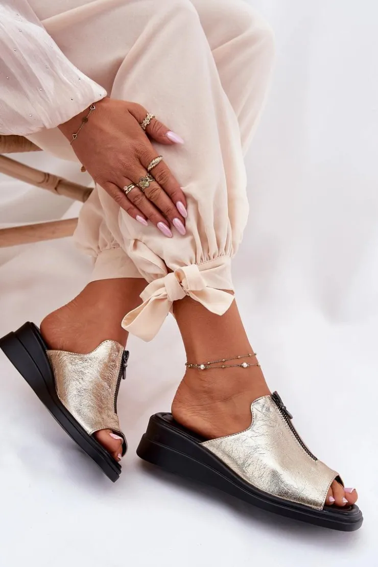 Hot Boto Klapki Damskie Na Koturnie Z Zamkiem Złote Irriva Złoty