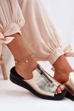 Hot Boto Klapki Damskie Na Koturnie Z Zamkiem Złote Irriva Złoty