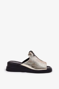 Hot Boto Klapki Damskie Na Koturnie Z Zamkiem Złote Irriva Złoty