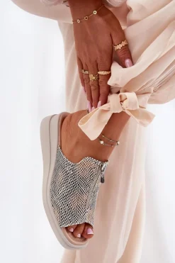 Damskie Boto Klapki Damskie Na Koturnie Z Zamkiem Zwierzęcy Wzór Beżowe Irriva