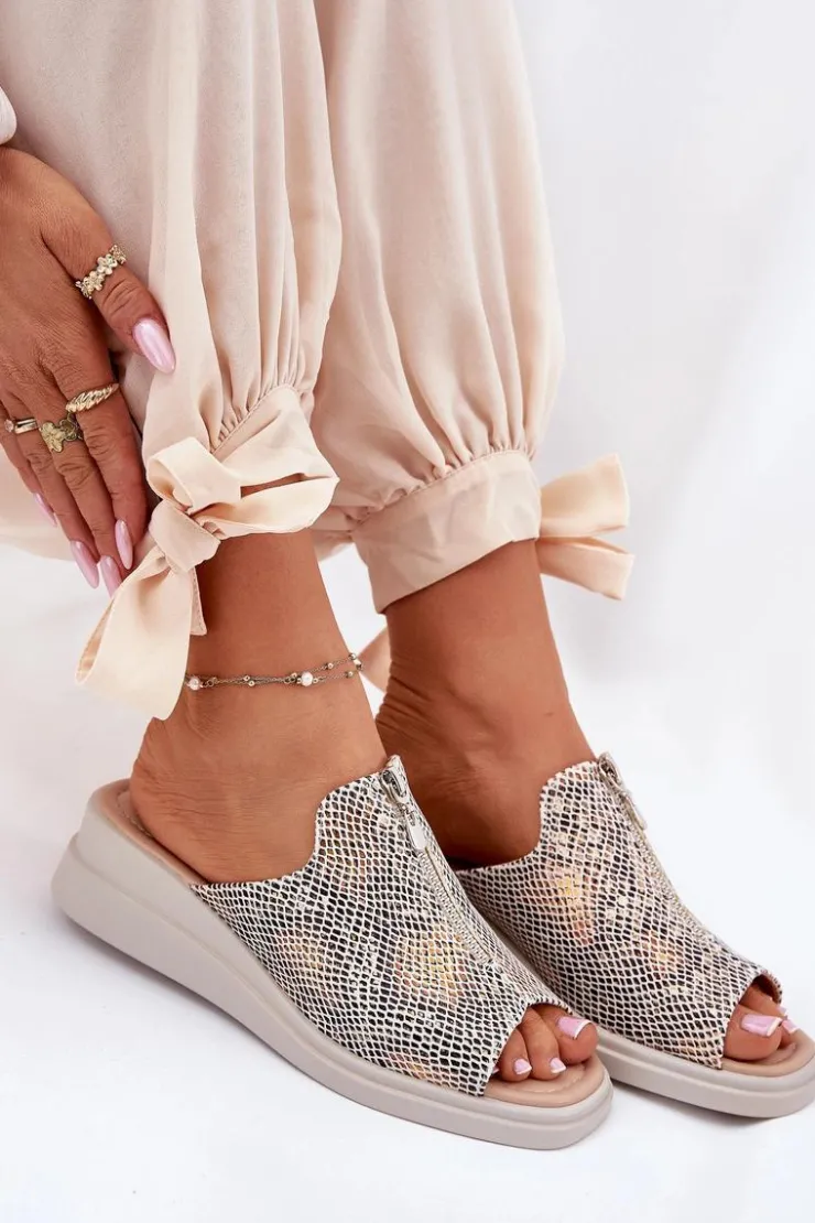 Damskie Boto Klapki Damskie Na Koturnie Z Zamkiem Zwierzęcy Wzór Beżowe Irriva