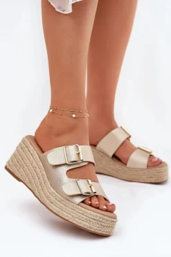 Boto Klapki Na Koturnie|Klapki Na Platformie*Klapki Damskie Na Koturnie Z Plecionką I Klamrami Złote Pasinea Złoty