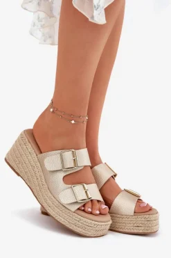 Boto Klapki Na Koturnie|Klapki Na Platformie*Klapki Damskie Na Koturnie Z Plecionką I Klamrami Złote Pasinea Złoty