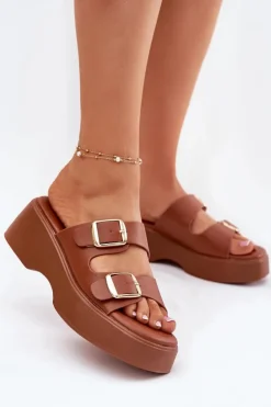 Hot Boto Klapki Damskie Na Koturnie I Platformie Z Klamrami Camel Nitarelia Brązowy