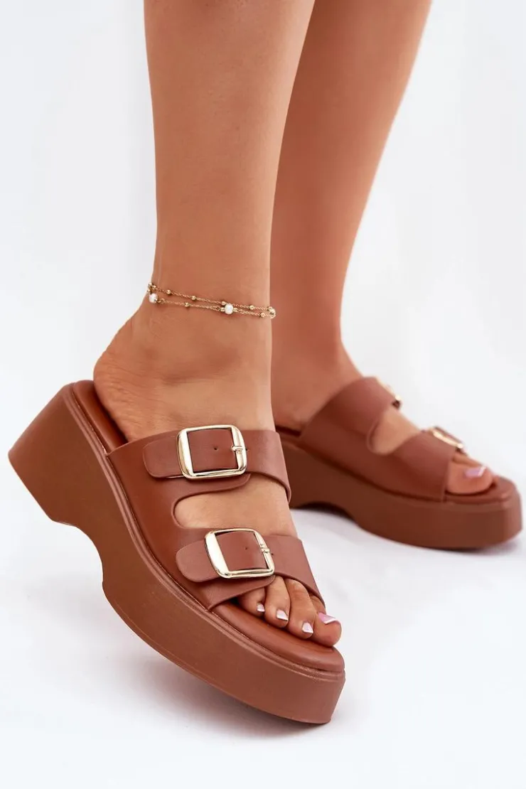 Hot Boto Klapki Damskie Na Koturnie I Platformie Z Klamrami Camel Nitarelia Brązowy