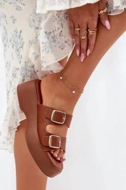 Hot Boto Klapki Damskie Na Koturnie I Platformie Z Klamrami Camel Nitarelia Brązowy