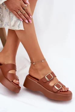 Hot Boto Klapki Damskie Na Koturnie I Platformie Z Klamrami Camel Nitarelia Brązowy