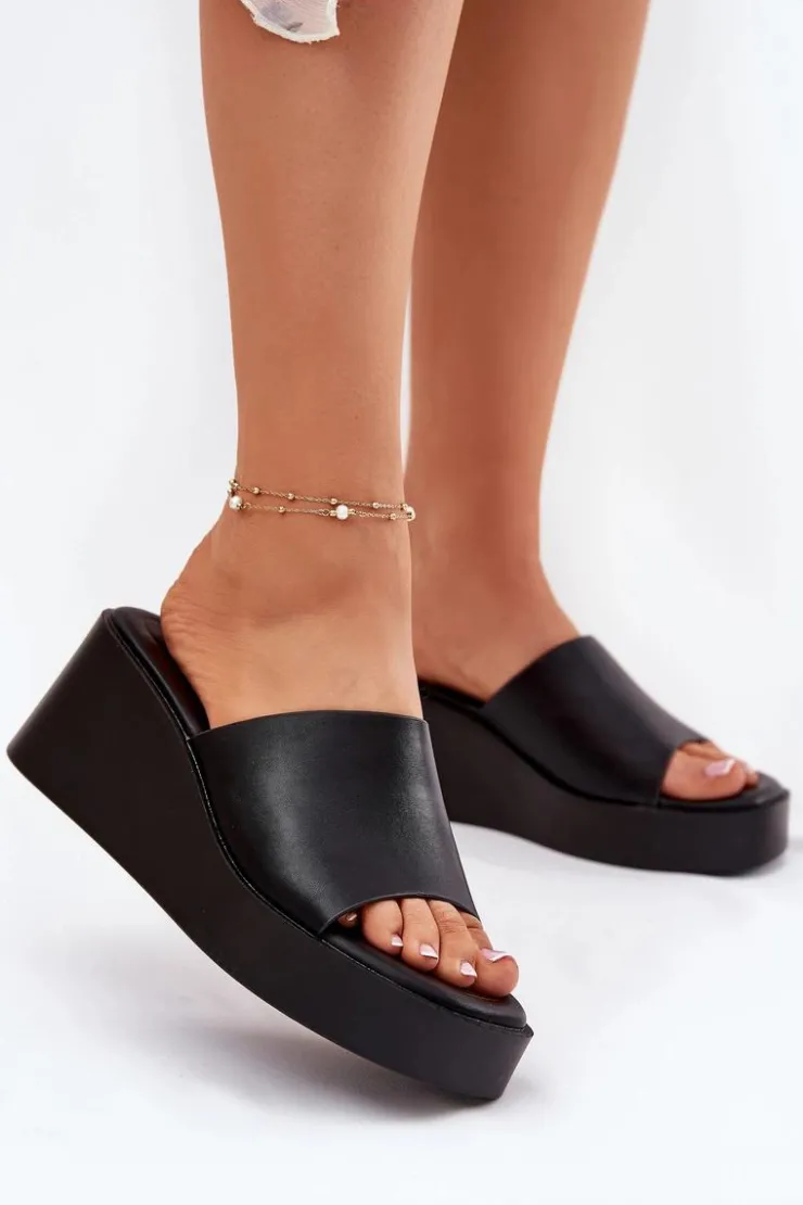 Boto Klapki Na Koturnie|Klapki Na Platformie*Klapki Damskie Na Koturnie Eko Skórzane Czarne Obenae