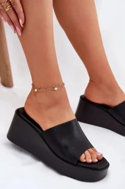 Boto Klapki Na Koturnie|Klapki Na Platformie*Klapki Damskie Na Koturnie Eko Skórzane Czarne Obenae