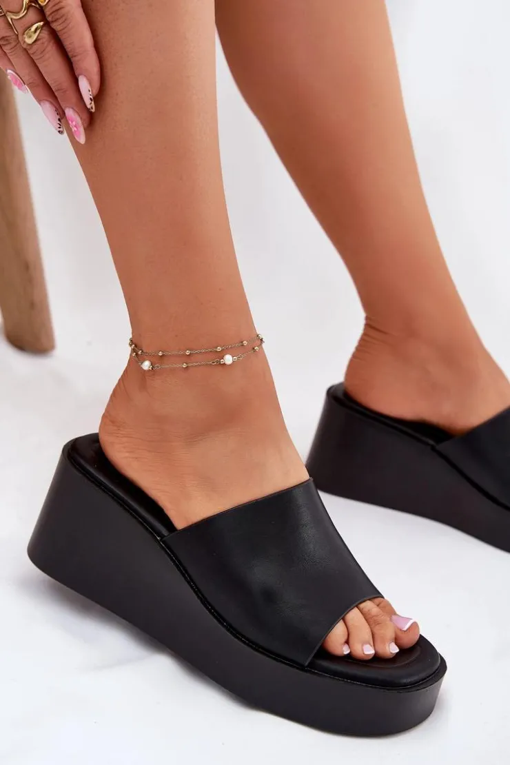 Boto Klapki Na Koturnie|Klapki Na Platformie*Klapki Damskie Na Koturnie Eko Skórzane Czarne Obenae