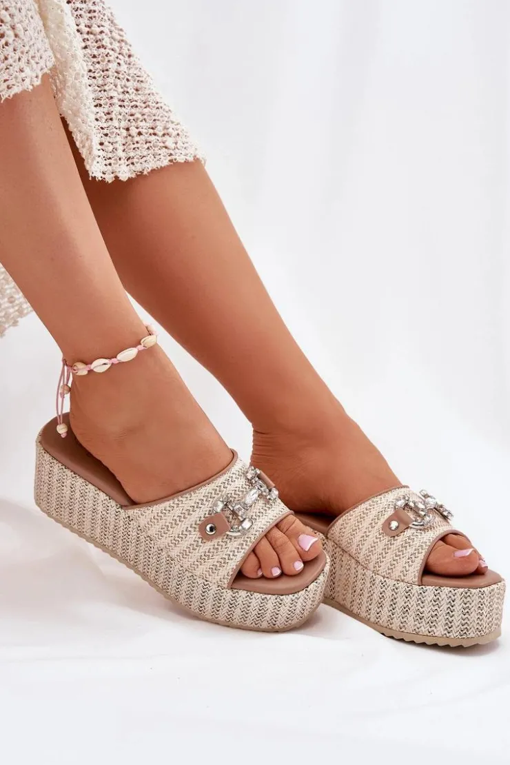 Damskie Boto Klapki Damskie Na Koturnie Z Plecionką I Ozdobą Beżowe Isolene