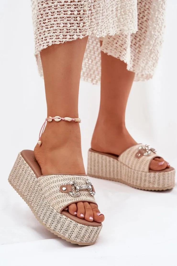 Damskie Boto Klapki Damskie Na Koturnie Z Plecionką I Ozdobą Beżowe Isolene