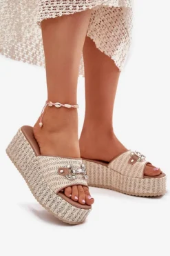 Damskie Boto Klapki Damskie Na Koturnie Z Plecionką I Ozdobą Beżowe Isolene