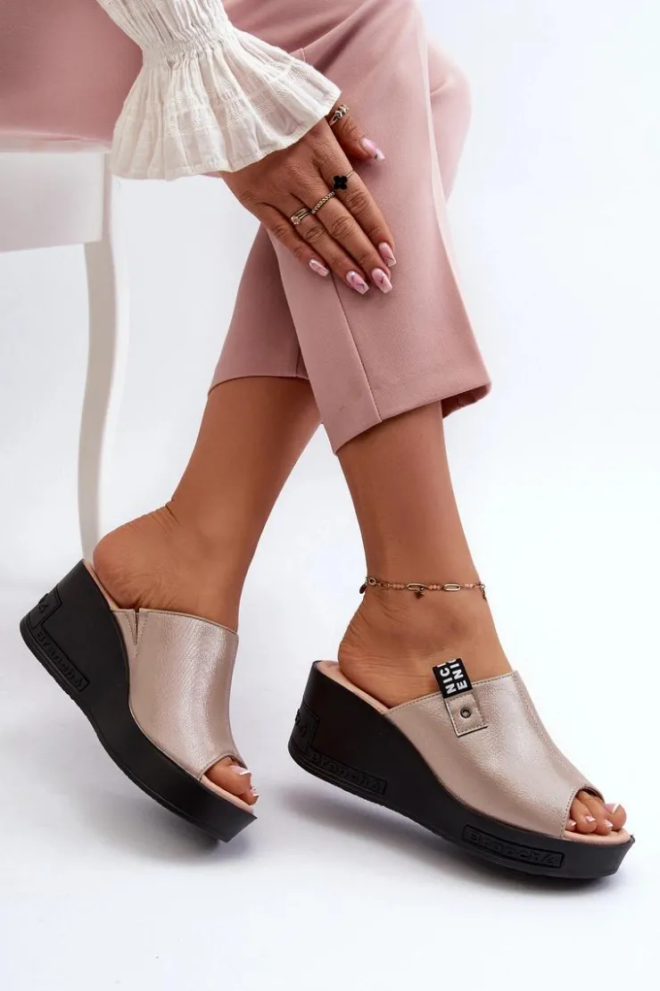 New Buty damskie Vinceza Klapki Damskie Na Koturnie Złote Vleni