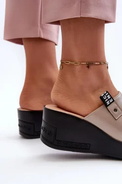 New Buty damskie Vinceza Klapki Damskie Na Koturnie Złote Vleni