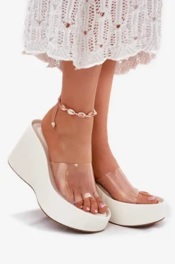 Best Boto Klapki Damskie Na Koturnie Z Transparentnym Paskiem Białe Zolretia