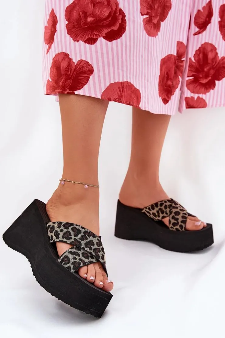 Damskie Boto Klapki Damskie Na Koturnie I Platformie Panterka Czarne Sevolee