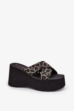Damskie Boto Klapki Damskie Na Koturnie I Platformie Panterka Czarne Sevolee