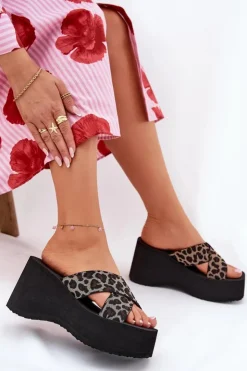 Damskie Boto Klapki Damskie Na Koturnie I Platformie Panterka Czarne Sevolee