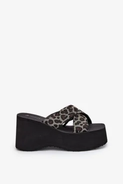 Damskie Boto Klapki Damskie Na Koturnie I Platformie Panterka Czarne Sevolee
