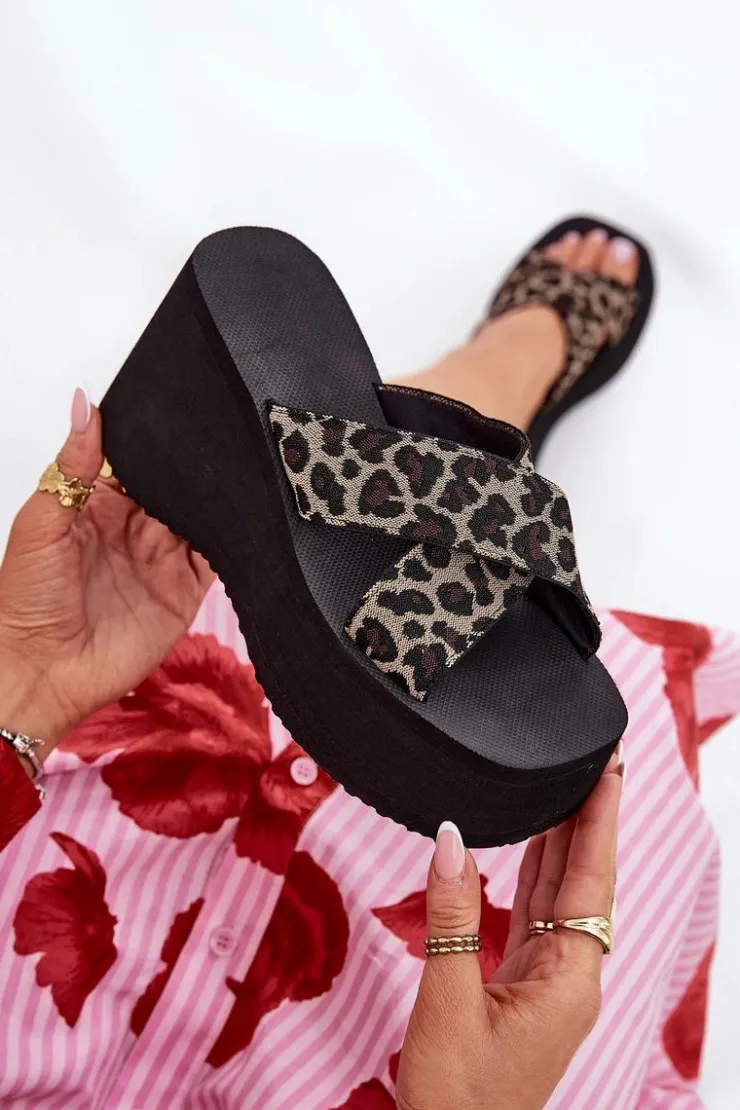 Damskie Boto Klapki Damskie Na Koturnie I Platformie Panterka Czarne Sevolee