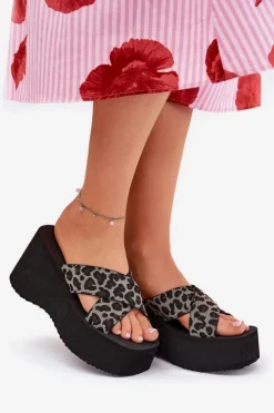 Damskie Boto Klapki Damskie Na Koturnie I Platformie Panterka Czarne Sevolee