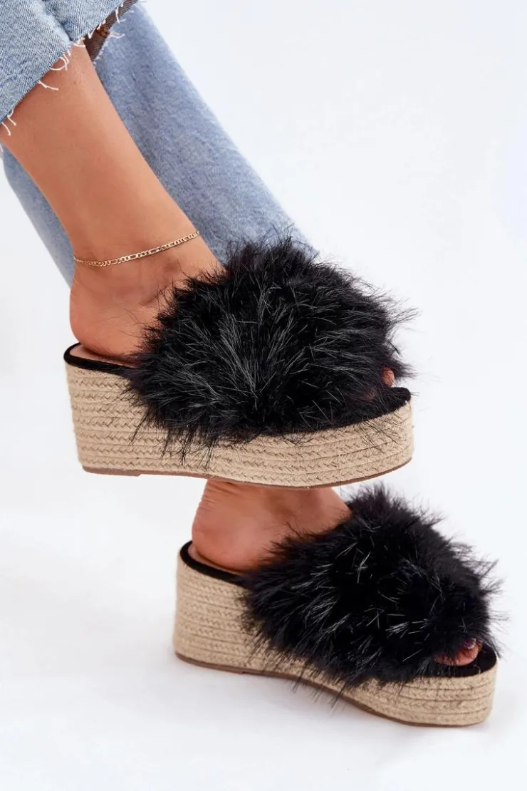 Damskie Boto Klapki Damskie Na Koturnie Z Futerkiem I Plecionką Czarne Virela