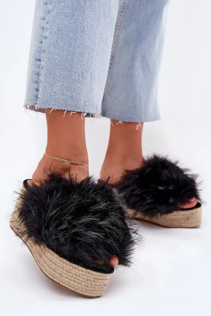 Damskie Boto Klapki Damskie Na Koturnie Z Futerkiem I Plecionką Czarne Virela