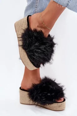 Damskie Boto Klapki Damskie Na Koturnie Z Futerkiem I Plecionką Czarne Virela
