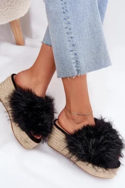 Damskie Boto Klapki Damskie Na Koturnie Z Futerkiem I Plecionką Czarne Virela