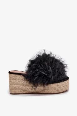 Damskie Boto Klapki Damskie Na Koturnie Z Futerkiem I Plecionką Czarne Virela