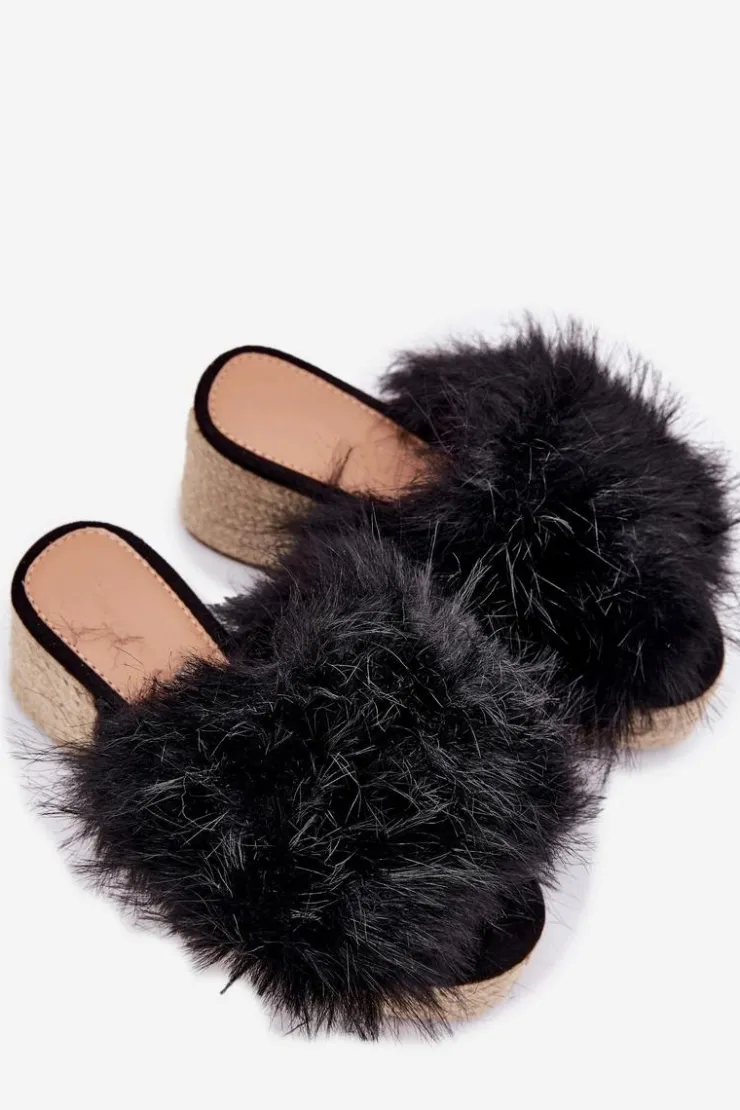 Damskie Boto Klapki Damskie Na Koturnie Z Futerkiem I Plecionką Czarne Virela